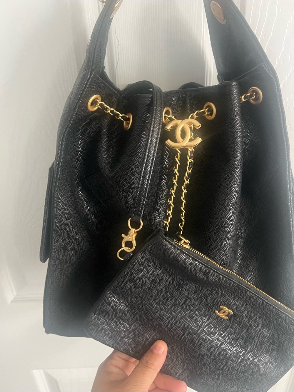 Chanel Black Quilted Leather Drawstring Hobo Bag with Pouchette